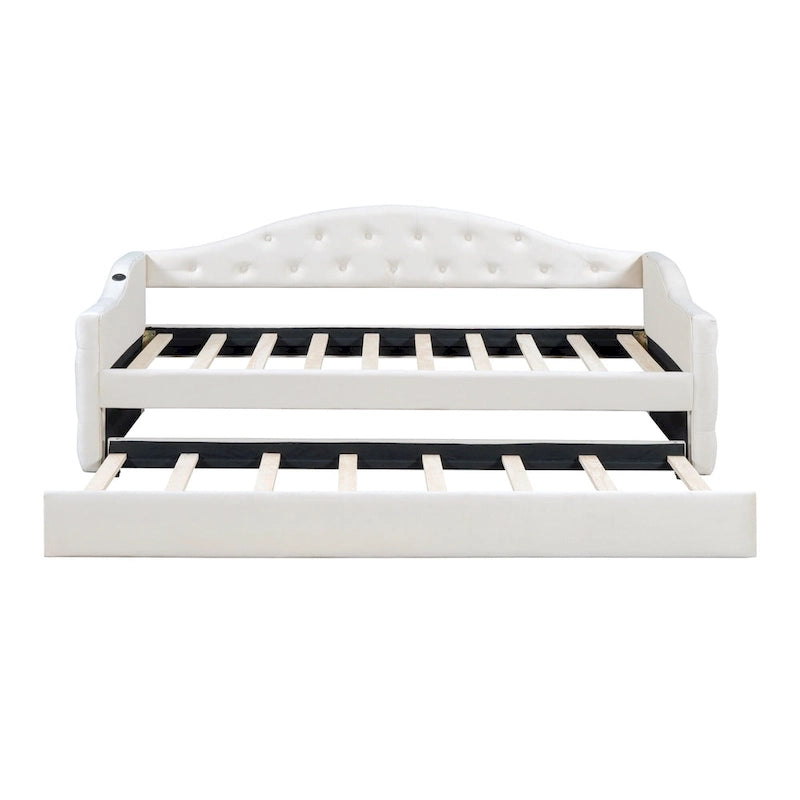 Lit de repos capitonné en velours beige double avec lit gigogne et ports de charge USB/Type-C