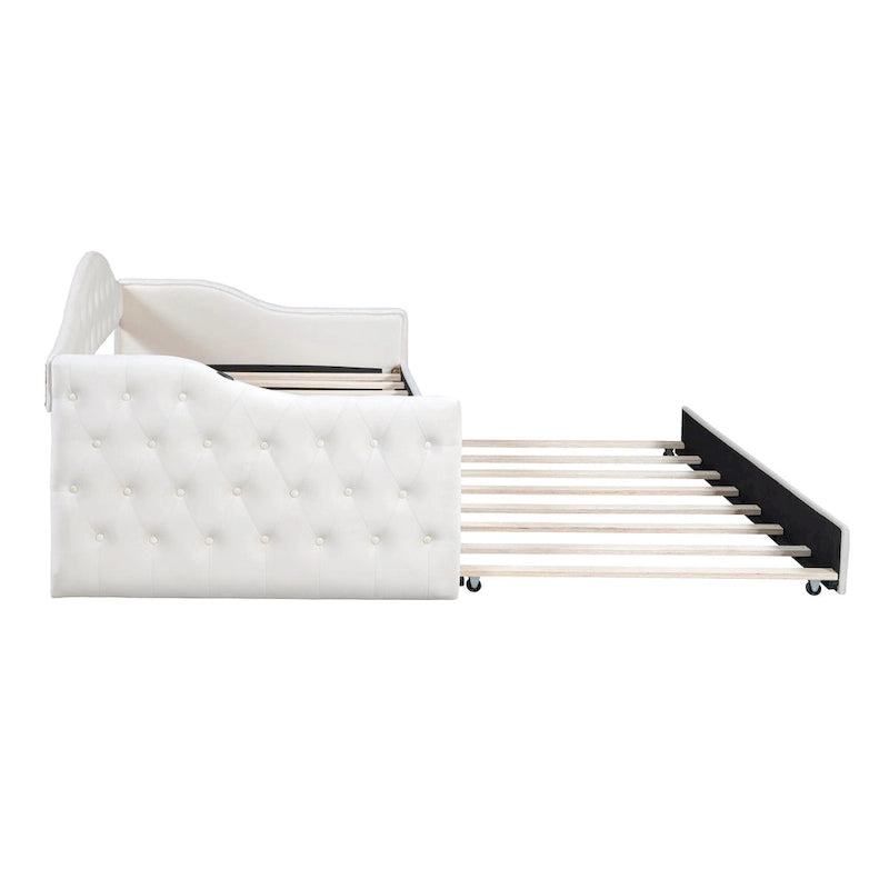 Lit de repos capitonné en velours beige double avec lit gigogne et ports de charge USB/Type-C