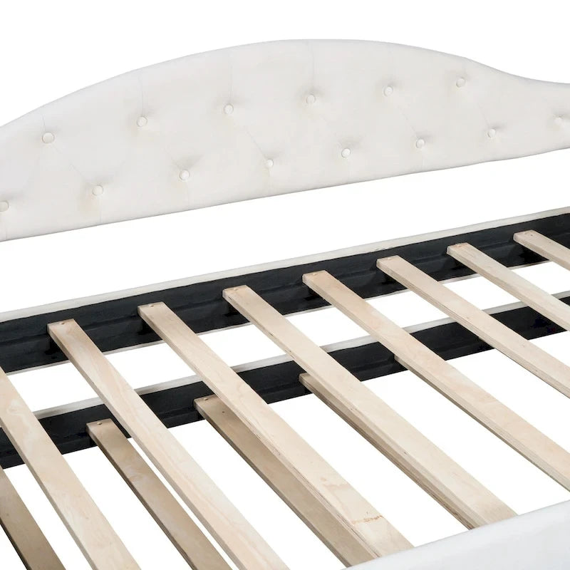 Lit de repos capitonné en velours beige double avec lit gigogne et ports de charge USB/Type-C