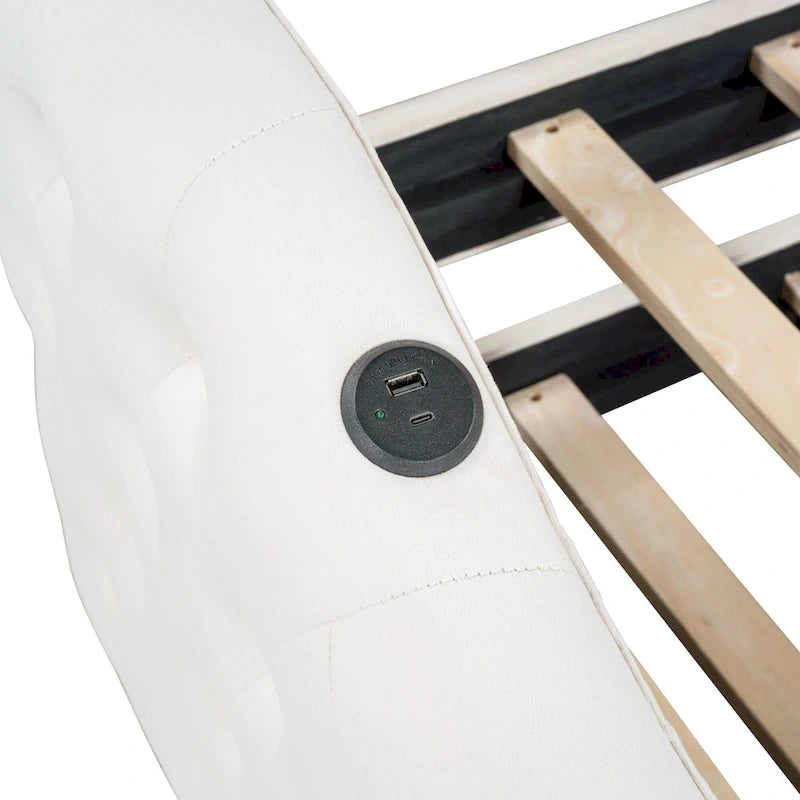 Lit de repos capitonné en velours beige double avec lit gigogne et ports de charge USB/Type-C