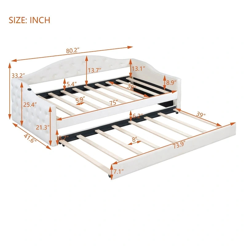 Lit de repos capitonné en velours beige double avec lit gigogne et ports de charge USB/Type-C