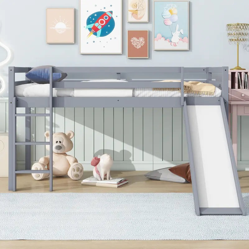 Lit mezzanine double avec toboggan et échelle, coloris chêne blanc / gris / blanc – 1 place