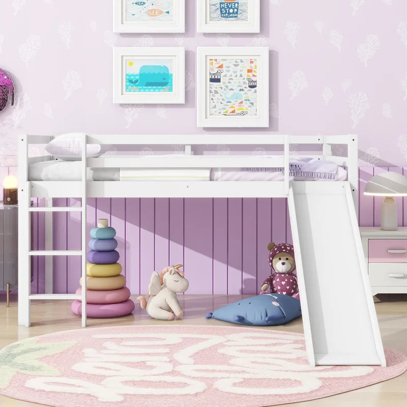 Lit mezzanine double avec toboggan et échelle, coloris chêne blanc / gris / blanc – 1 place