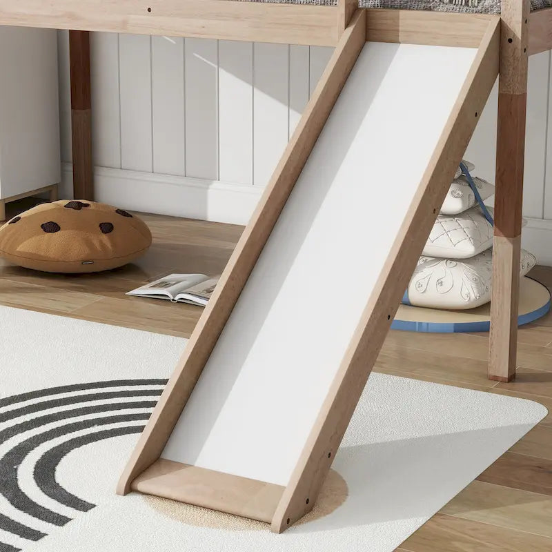 Lit mezzanine double avec toboggan et échelle, coloris chêne blanc / gris / blanc – 1 place