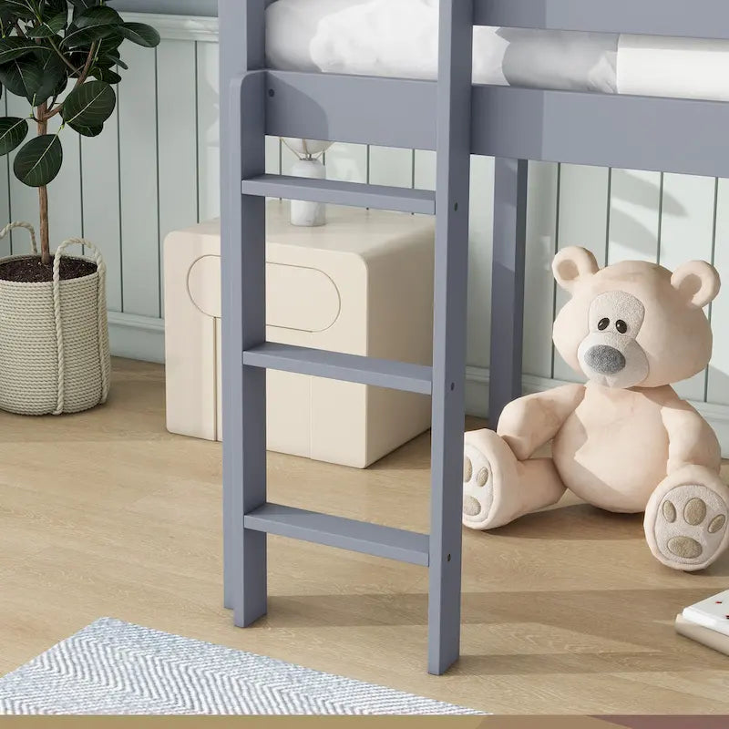 Lit mezzanine double avec toboggan et échelle, coloris chêne blanc / gris / blanc – 1 place
