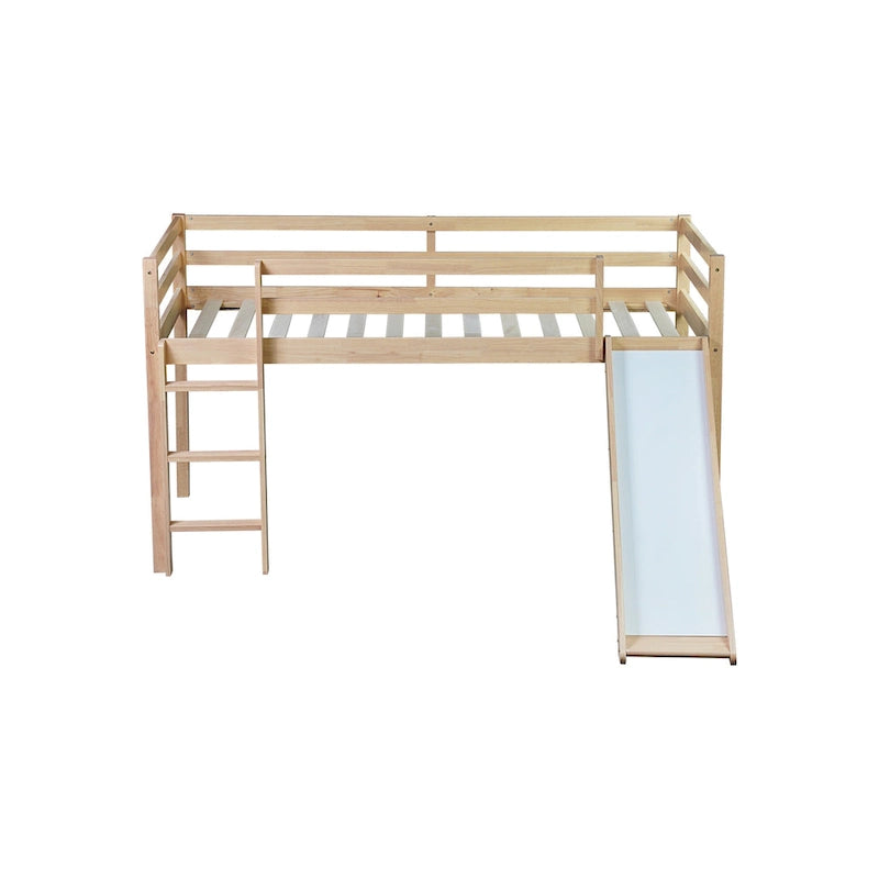Lit mezzanine double avec toboggan et échelle, coloris chêne blanc / gris / blanc – 1 place
