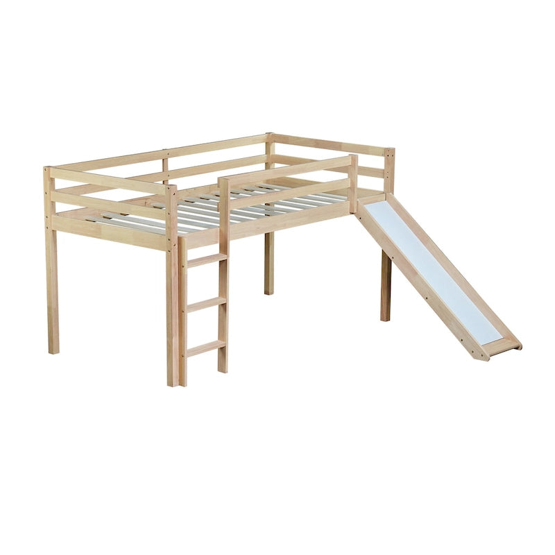 Lit mezzanine double avec toboggan et échelle, coloris chêne blanc / gris / blanc – 1 place