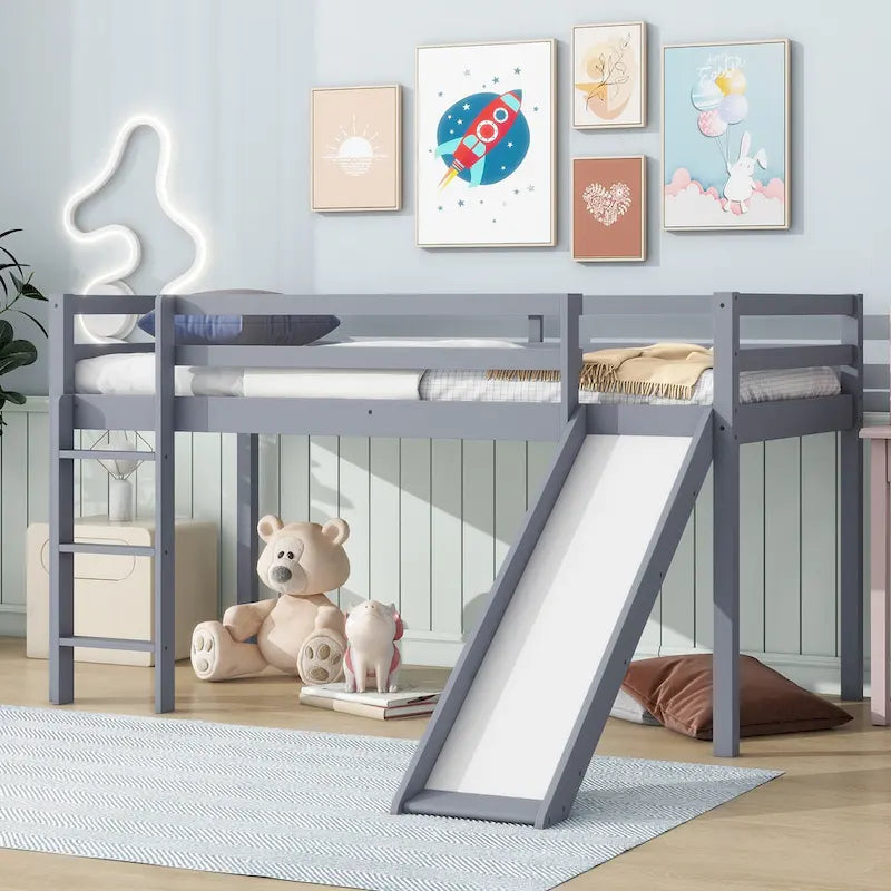 Lit mezzanine double avec toboggan et échelle, coloris chêne blanc / gris / blanc – 1 place