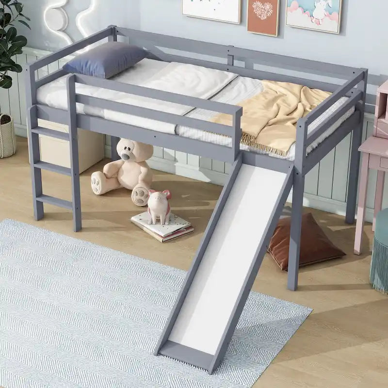Lit mezzanine double avec toboggan et échelle, coloris chêne blanc / gris / blanc – 1 place