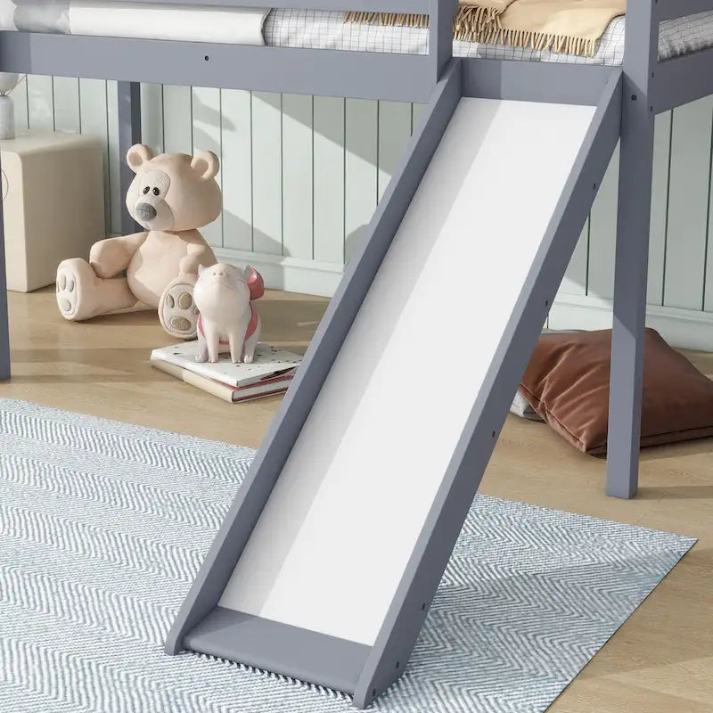 Lit mezzanine double avec toboggan et échelle, coloris chêne blanc / gris / blanc – 1 place