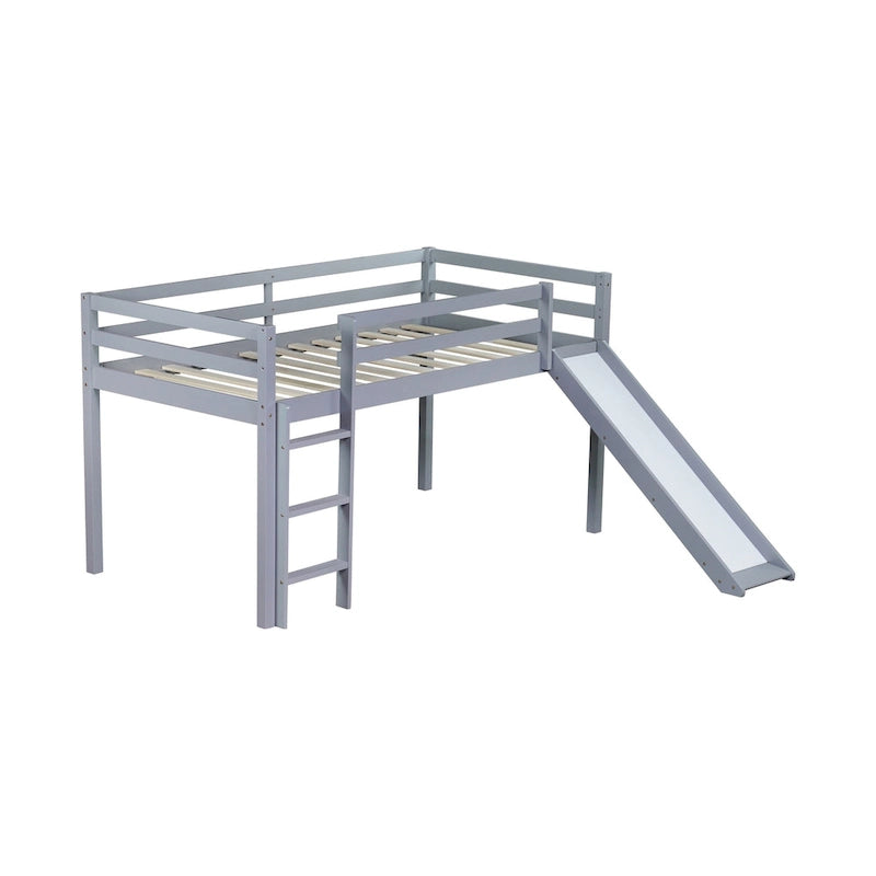 Lit mezzanine double avec toboggan et échelle, coloris chêne blanc / gris / blanc – 1 place