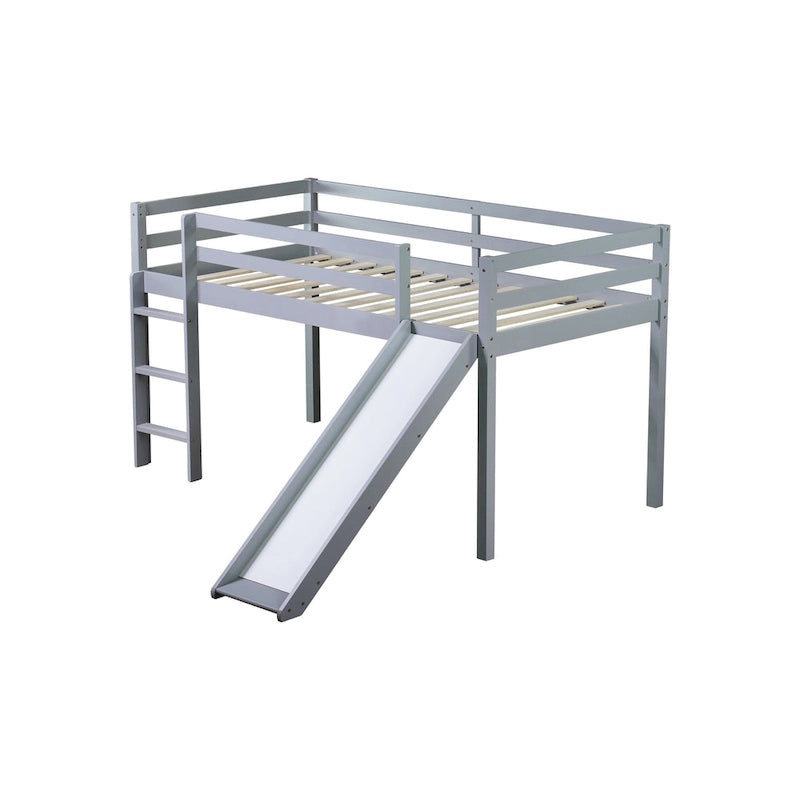 Lit mezzanine double avec toboggan et échelle, coloris chêne blanc / gris / blanc – 1 place