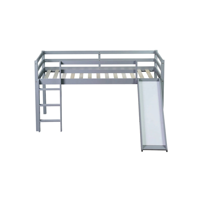 Lit mezzanine double avec toboggan et échelle, coloris chêne blanc / gris / blanc – 1 place