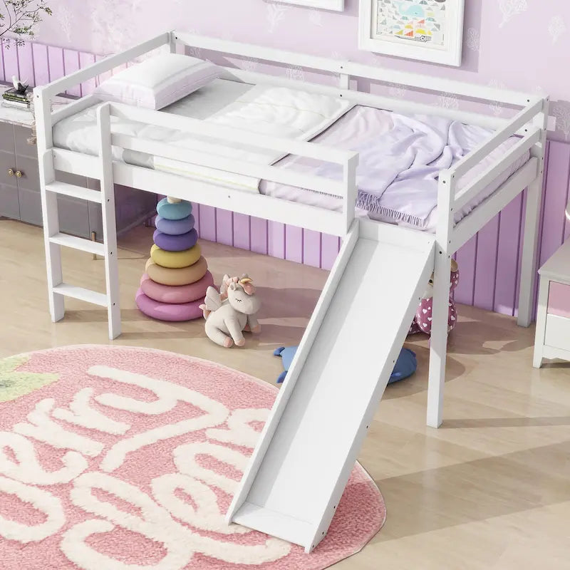Lit mezzanine double avec toboggan et échelle, coloris chêne blanc / gris / blanc – 1 place