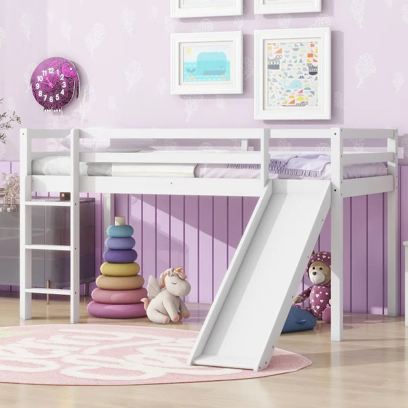 Lit mezzanine double avec toboggan et échelle, coloris chêne blanc / gris / blanc – 1 place