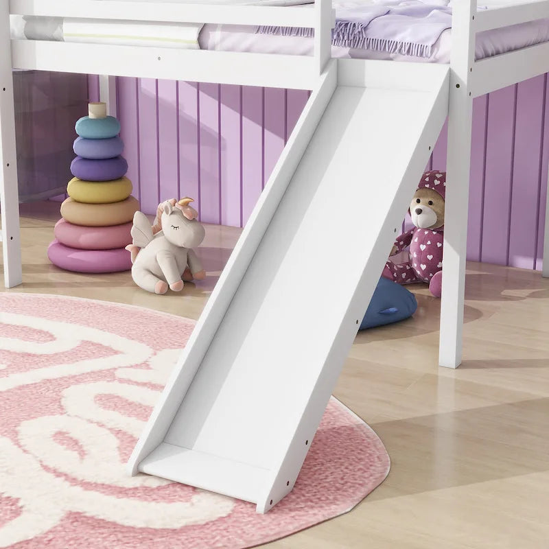 Lit mezzanine double avec toboggan et échelle, coloris chêne blanc / gris / blanc – 1 place