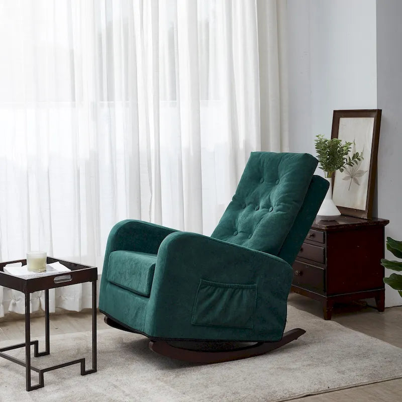 Fauteuil à bascule capitonné à dossier haut de couleur vert antique/gris antique avec pieds en bois massif et poche latérale – 1 place
