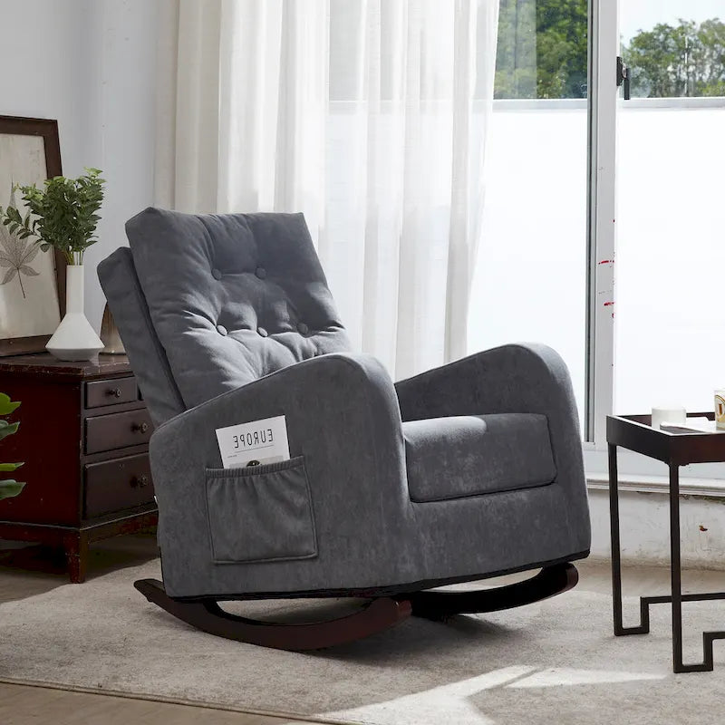 Fauteuil à bascule capitonné à dossier haut de couleur vert antique/gris antique avec pieds en bois massif et poche latérale – 1 place