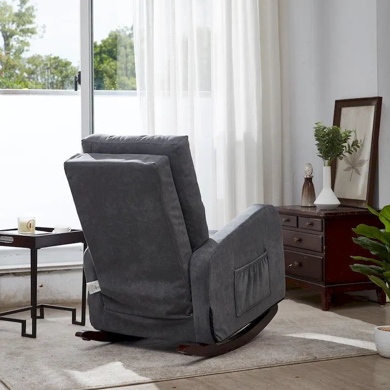 Fauteuil à bascule capitonné à dossier haut de couleur vert antique/gris antique avec pieds en bois massif et poche latérale – 1 place