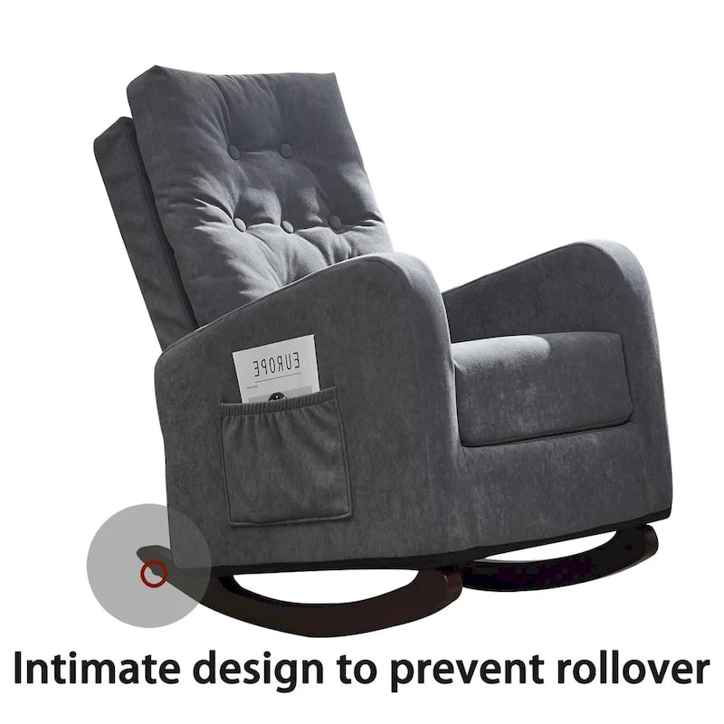 Fauteuil à bascule capitonné à dossier haut de couleur vert antique/gris antique avec pieds en bois massif et poche latérale – 1 place