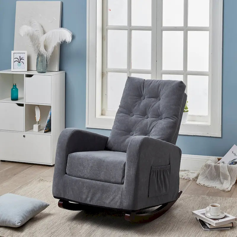 Fauteuil à bascule capitonné à dossier haut de couleur vert antique/gris antique avec pieds en bois massif et poche latérale – 1 place