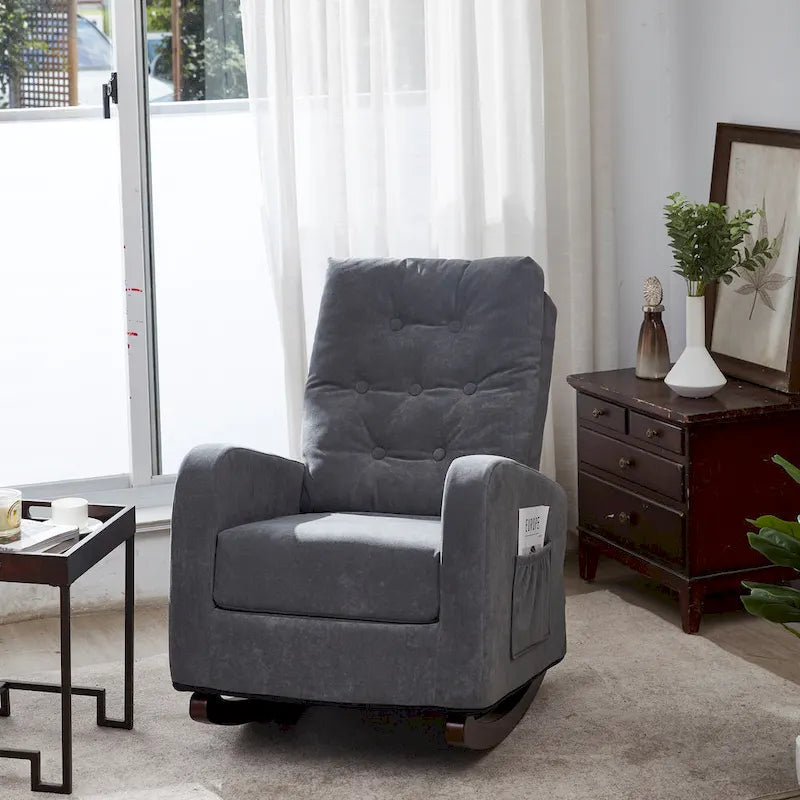 Fauteuil à bascule capitonné à dossier haut de couleur vert antique/gris antique avec pieds en bois massif et poche latérale – 1 place