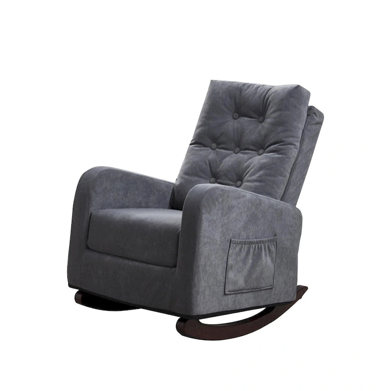 Fauteuil à bascule capitonné à dossier haut de couleur vert antique/gris antique avec pieds en bois massif et poche latérale – 1 place