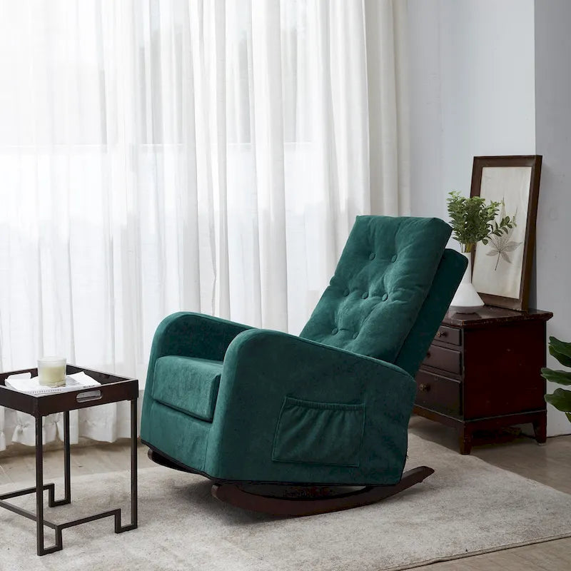 Fauteuil à bascule capitonné à dossier haut de couleur vert antique/gris antique avec pieds en bois massif et poche latérale – 1 place