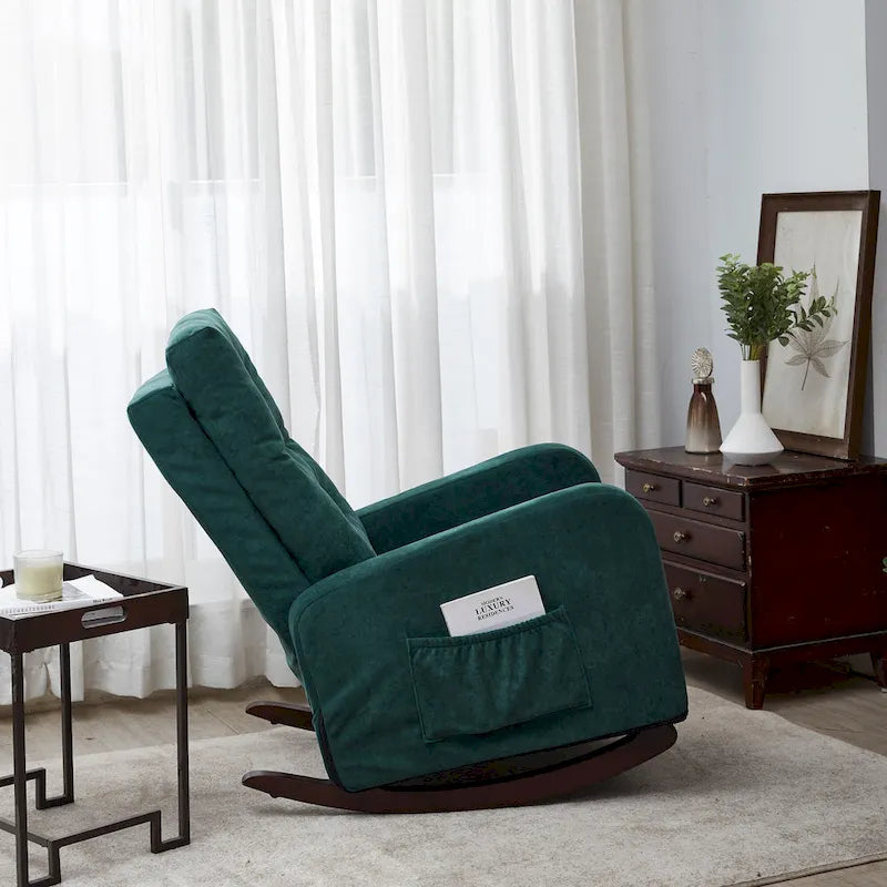 Fauteuil à bascule capitonné à dossier haut de couleur vert antique/gris antique avec pieds en bois massif et poche latérale – 1 place