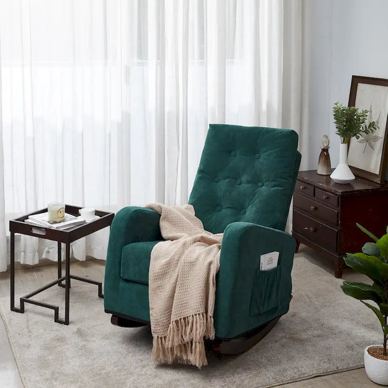Fauteuil à bascule capitonné à dossier haut de couleur vert antique/gris antique avec pieds en bois massif et poche latérale – 1 place