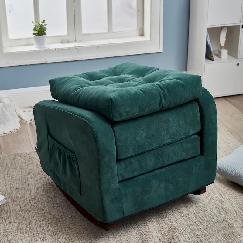 Fauteuil à bascule capitonné à dossier haut de couleur vert antique/gris antique avec pieds en bois massif et poche latérale – 1 place