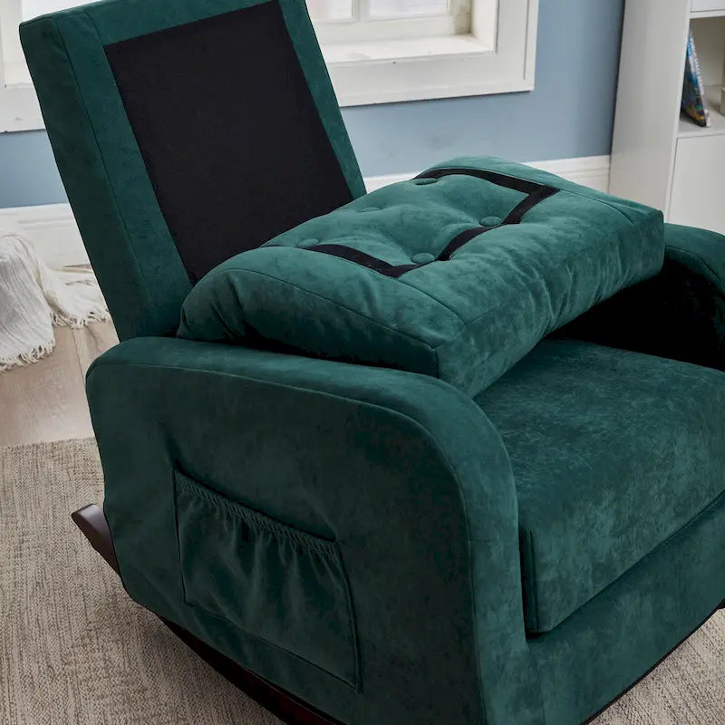 Fauteuil à bascule capitonné à dossier haut de couleur vert antique/gris antique avec pieds en bois massif et poche latérale – 1 place