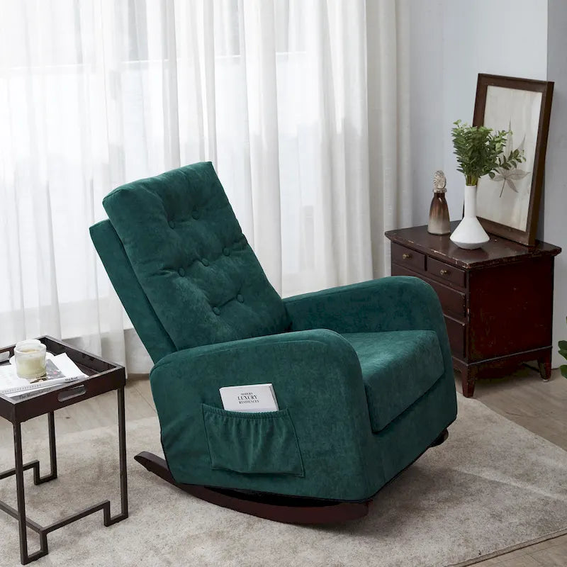 Fauteuil à bascule capitonné à dossier haut de couleur vert antique/gris antique avec pieds en bois massif et poche latérale – 1 place