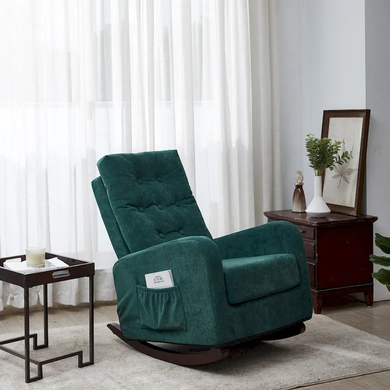 Fauteuil à bascule capitonné à dossier haut de couleur vert antique/gris antique avec pieds en bois massif et poche latérale – 1 place
