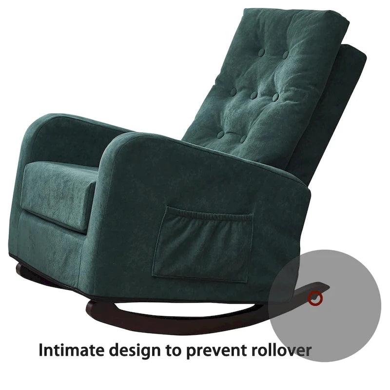 Fauteuil à bascule capitonné à dossier haut de couleur vert antique/gris antique avec pieds en bois massif et poche latérale – 1 place