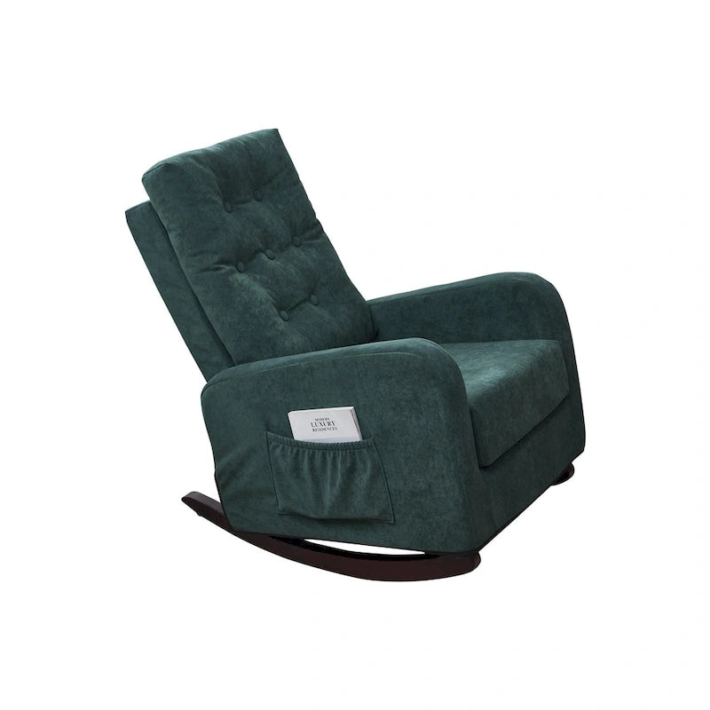 Fauteuil à bascule capitonné à dossier haut de couleur vert antique/gris antique avec pieds en bois massif et poche latérale – 1 place