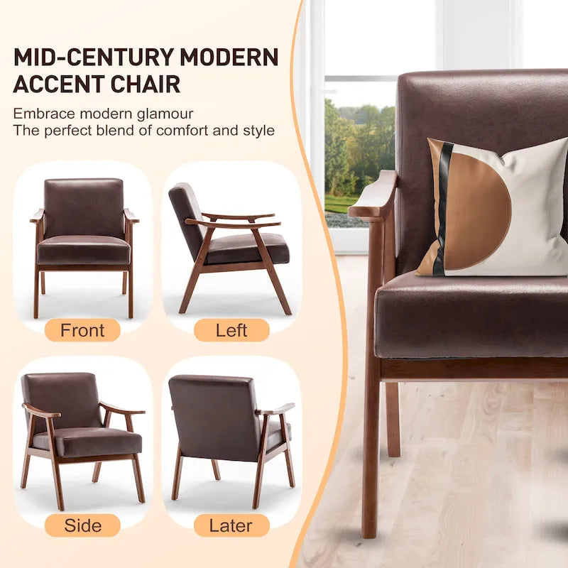 Fauteuil d'appoint brun foncé du milieu du siècle avec cadre en bois d'hévéa – 1 place