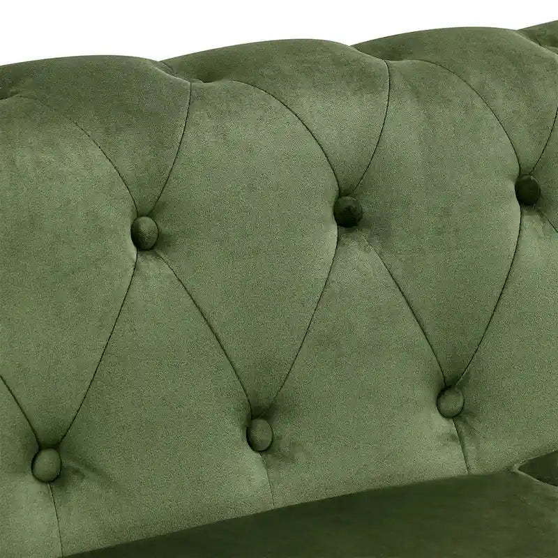 Canapé 3 places Chesterfield en velours vert capitonné avec accoudoirs volutes et pieds tournés
