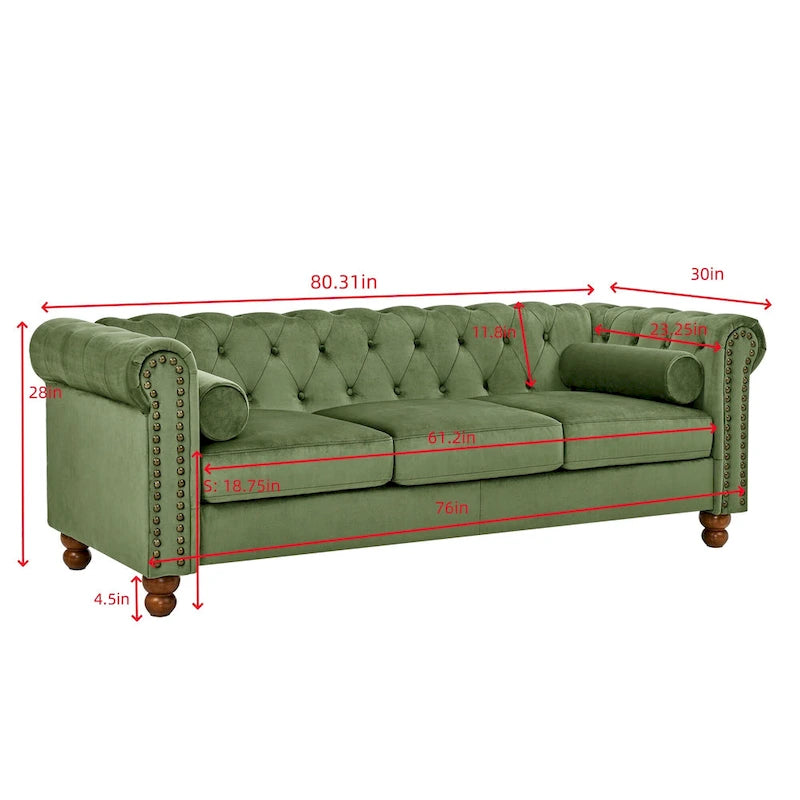 Canapé 3 places Chesterfield en velours vert capitonné avec accoudoirs volutes et pieds tournés