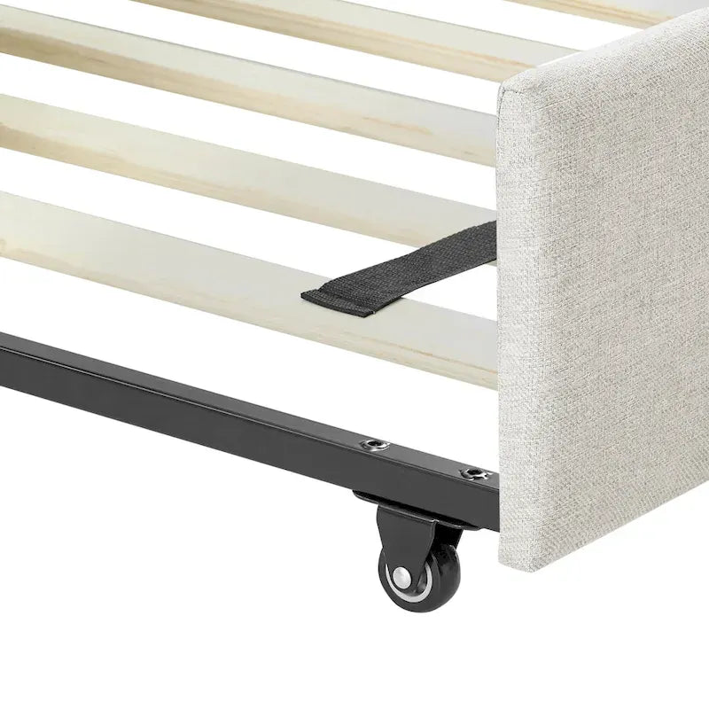 Lit de repos beige à dossier ailé en lin capitonné, avec lit gigogne escamotable