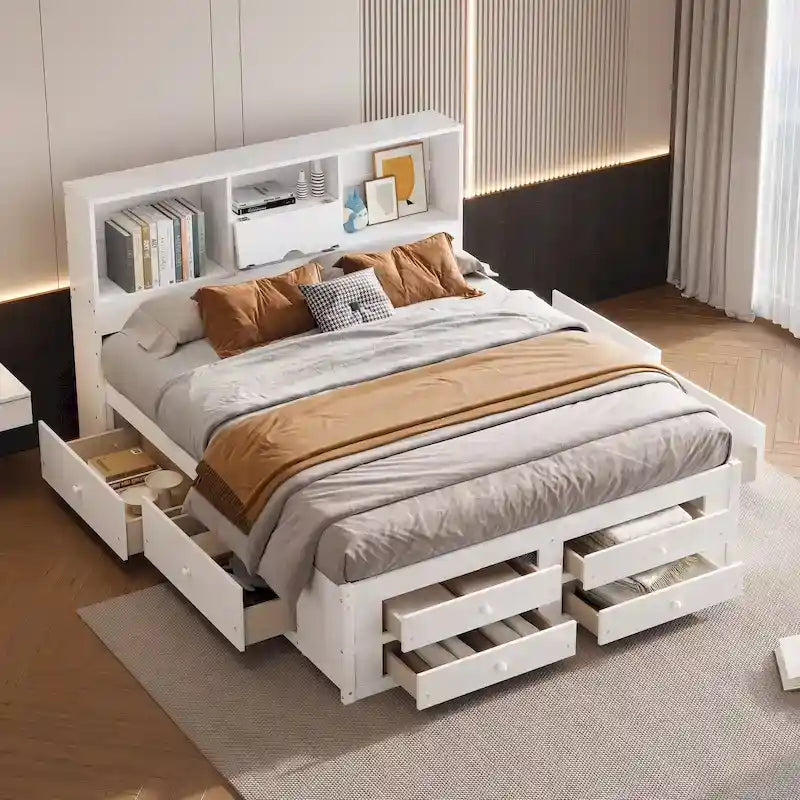 Lit plateforme moderne blanc King avec tête de lit de rangement et 8 tiroirs – 1 place