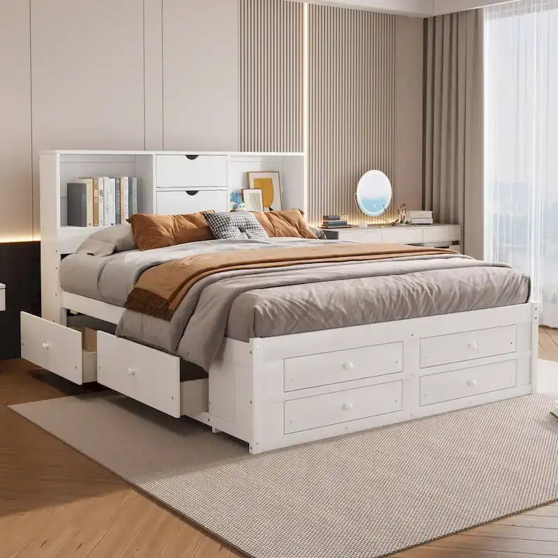 Lit plateforme moderne blanc King avec tête de lit de rangement et 8 tiroirs – 1 place