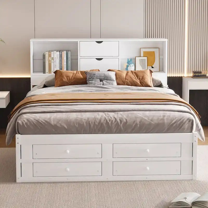 Lit plateforme moderne blanc King avec tête de lit de rangement et 8 tiroirs – 1 place