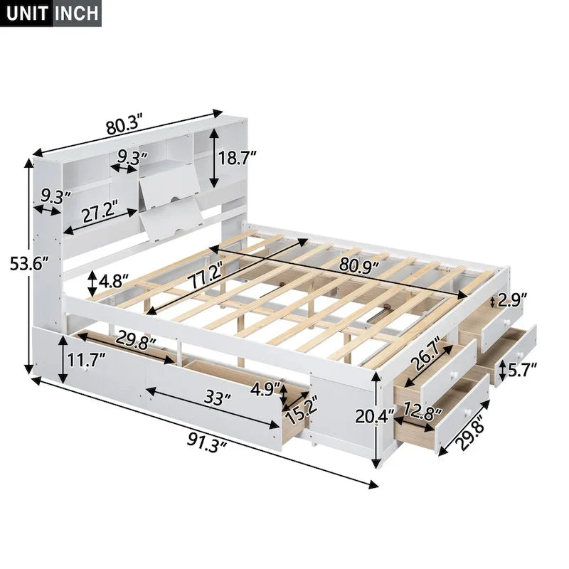 Lit plateforme moderne blanc King avec tête de lit de rangement et 8 tiroirs – 1 place