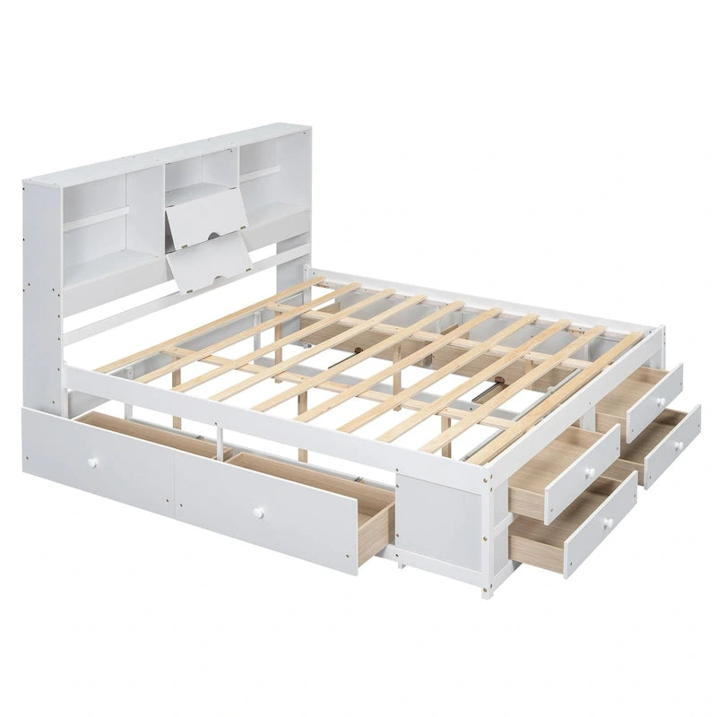 Lit plateforme moderne blanc King avec tête de lit de rangement et 8 tiroirs – 1 place
