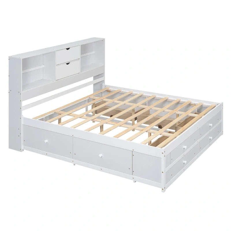 Lit plateforme moderne blanc King avec tête de lit de rangement et 8 tiroirs – 1 place