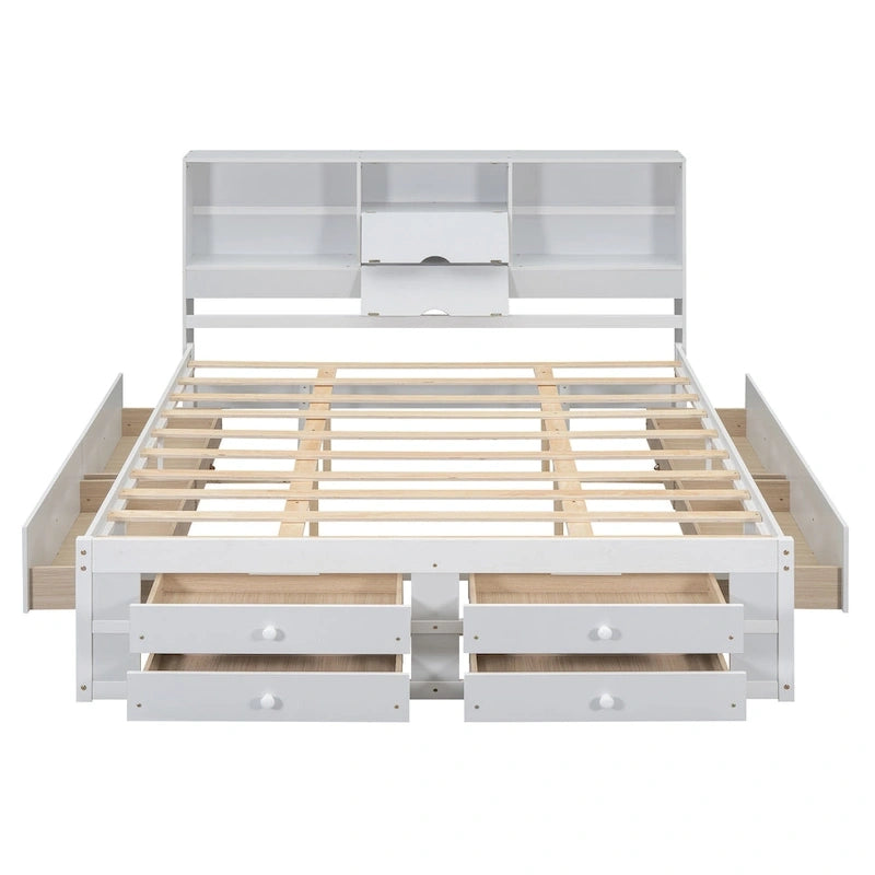 Lit plateforme moderne blanc King avec tête de lit de rangement et 8 tiroirs – 1 place