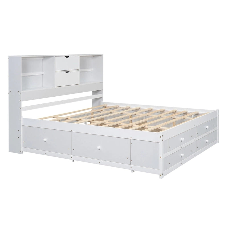 Lit plateforme moderne blanc King avec tête de lit de rangement et 8 tiroirs – 1 place