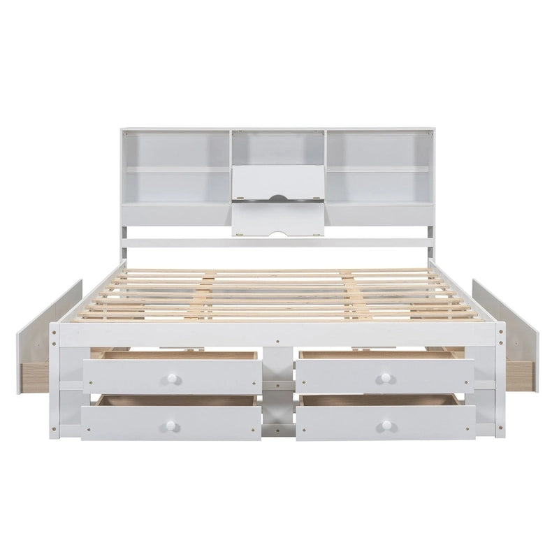 Lit plateforme moderne blanc King avec tête de lit de rangement et 8 tiroirs – 1 place