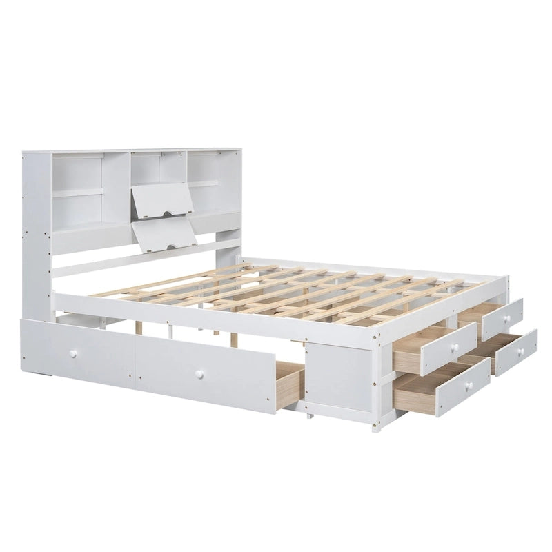 Lit plateforme moderne blanc King avec tête de lit de rangement et 8 tiroirs – 1 place